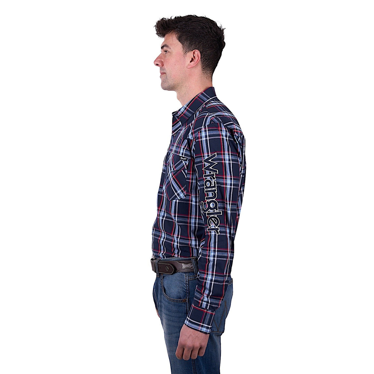 Wrangler Men’s Hugo Check Logo Western Long Sleeve Shirt - Navy/Red