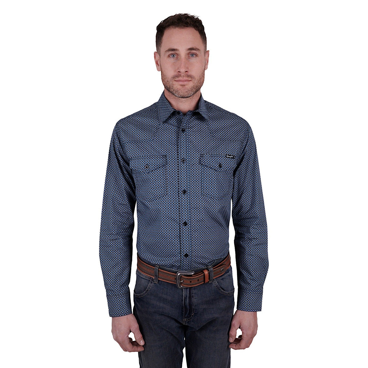 Wrangler Men’s Isaac Print Western Button Down Shirt Black/Blue