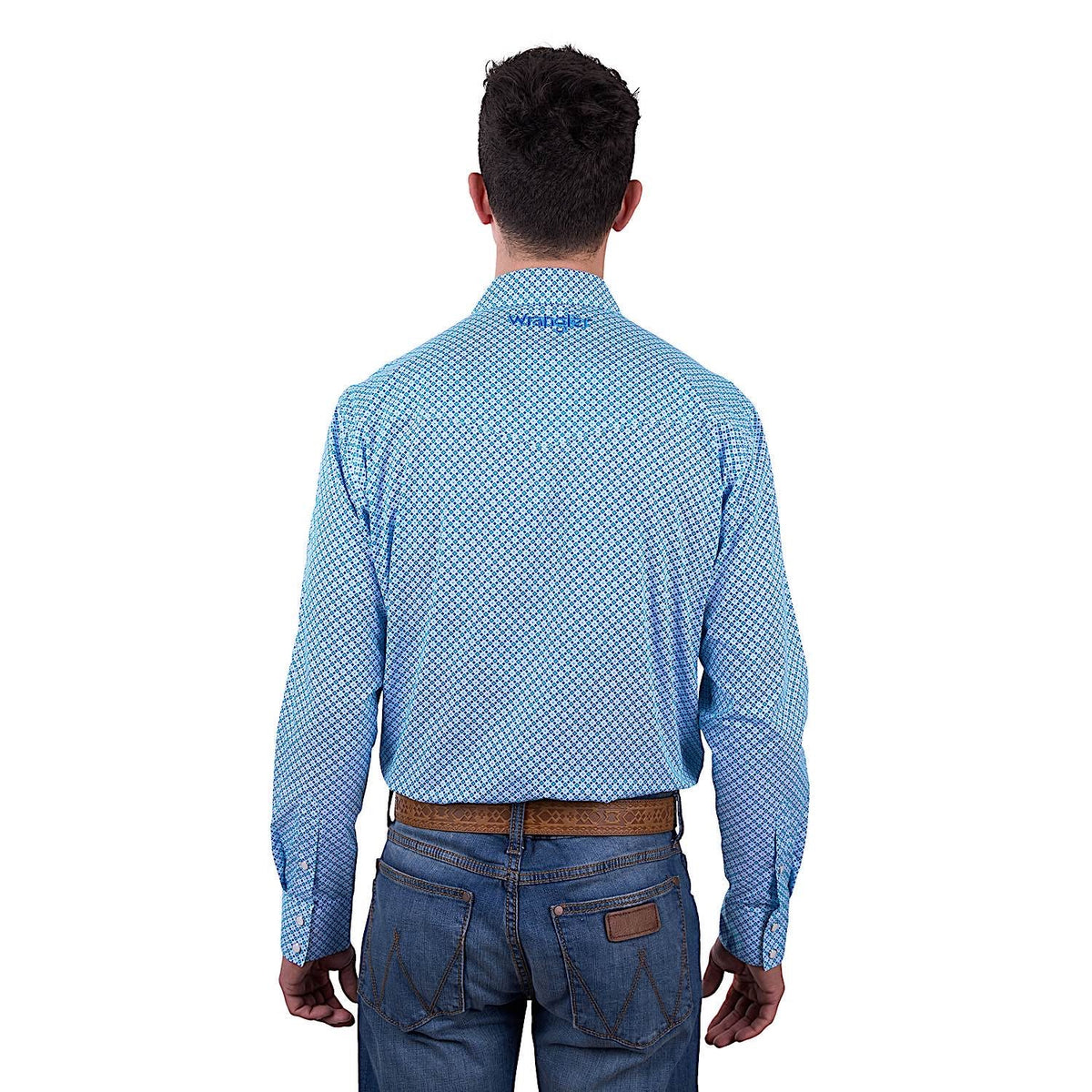 Wrangler Men’s Jude Print Logo Western Long Sleeve Shirt - Blue/Teal