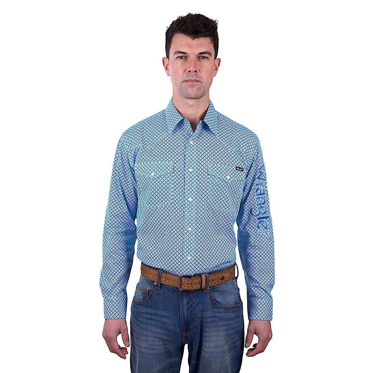 Wrangler Men’s Jude Print Logo Western Long Sleeve Shirt - Blue/Teal