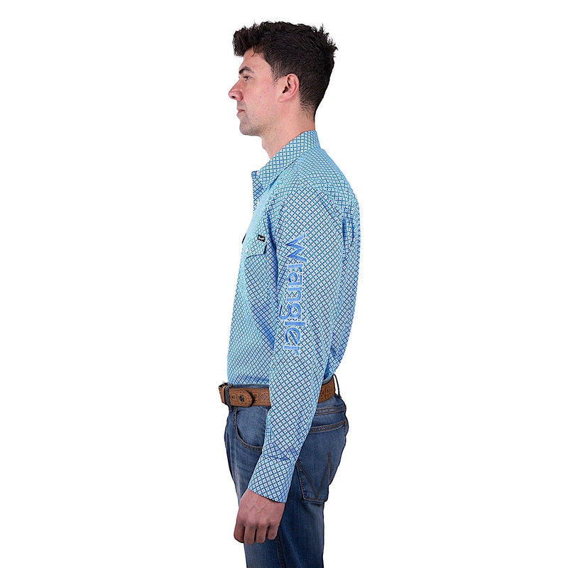Wrangler Men’s Jude Print Logo Western Long Sleeve Shirt - Blue/Teal