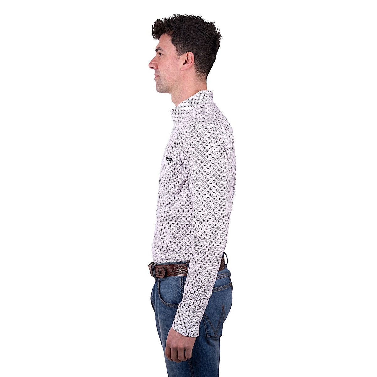 Wrangler Men’s Knox Print Button Down Long Sleeve Shirt - White/Dark Tan