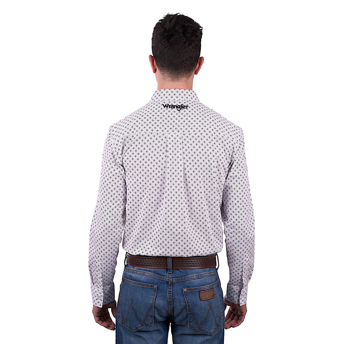 Wrangler Men’s Knox Print Button Down Long Sleeve Shirt - White/Dark Tan