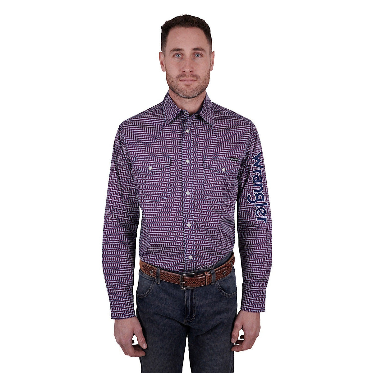 Wrangler Mens Mark Print Logo Western L/S Shirt Navy/Red