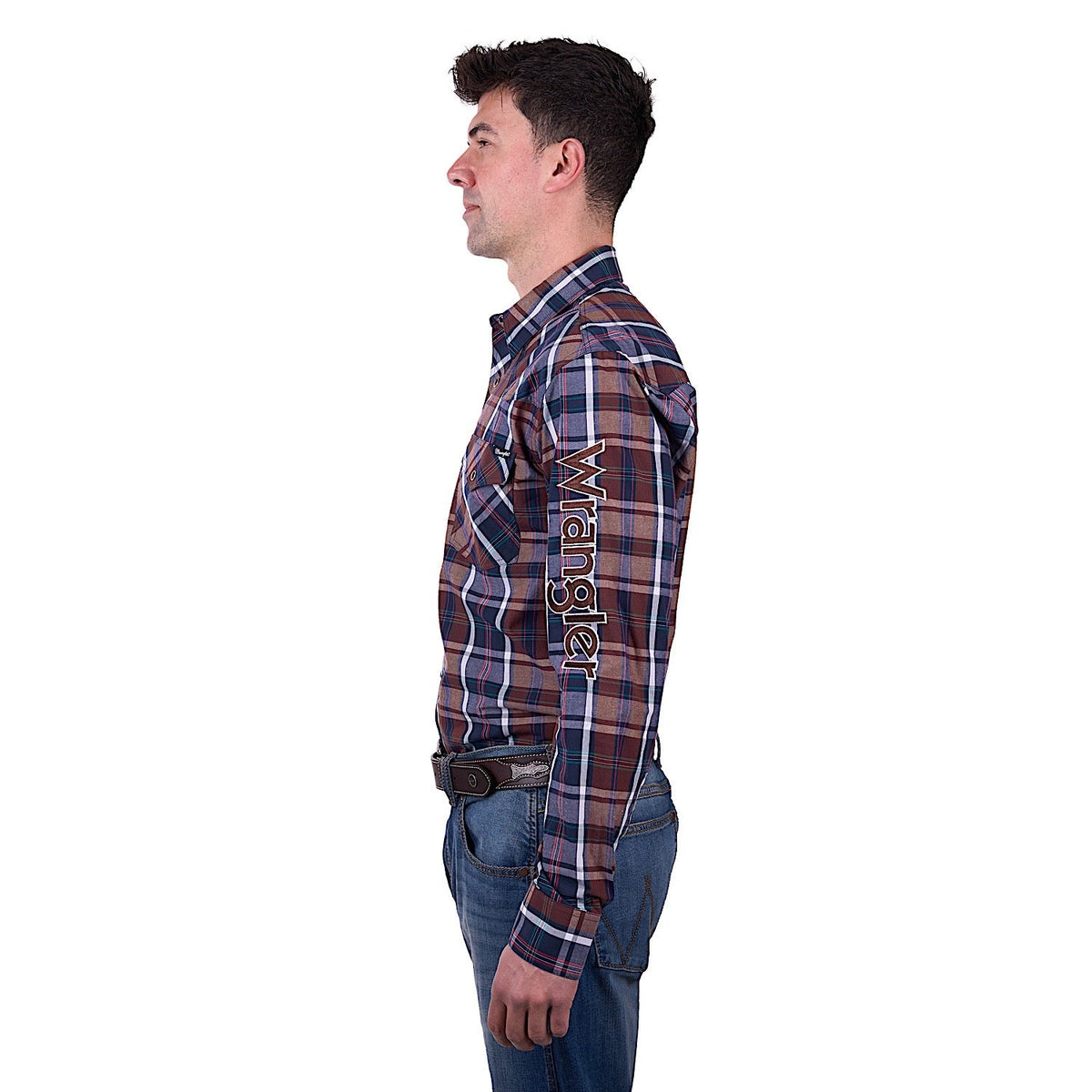 Wrangler Men’s Milo Check Logo Western Long Sleeve Shirt - Tan/Navy