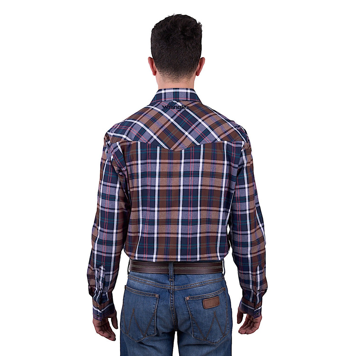 Wrangler Men’s Milo Check Logo Western Long Sleeve Shirt - Tan/Navy