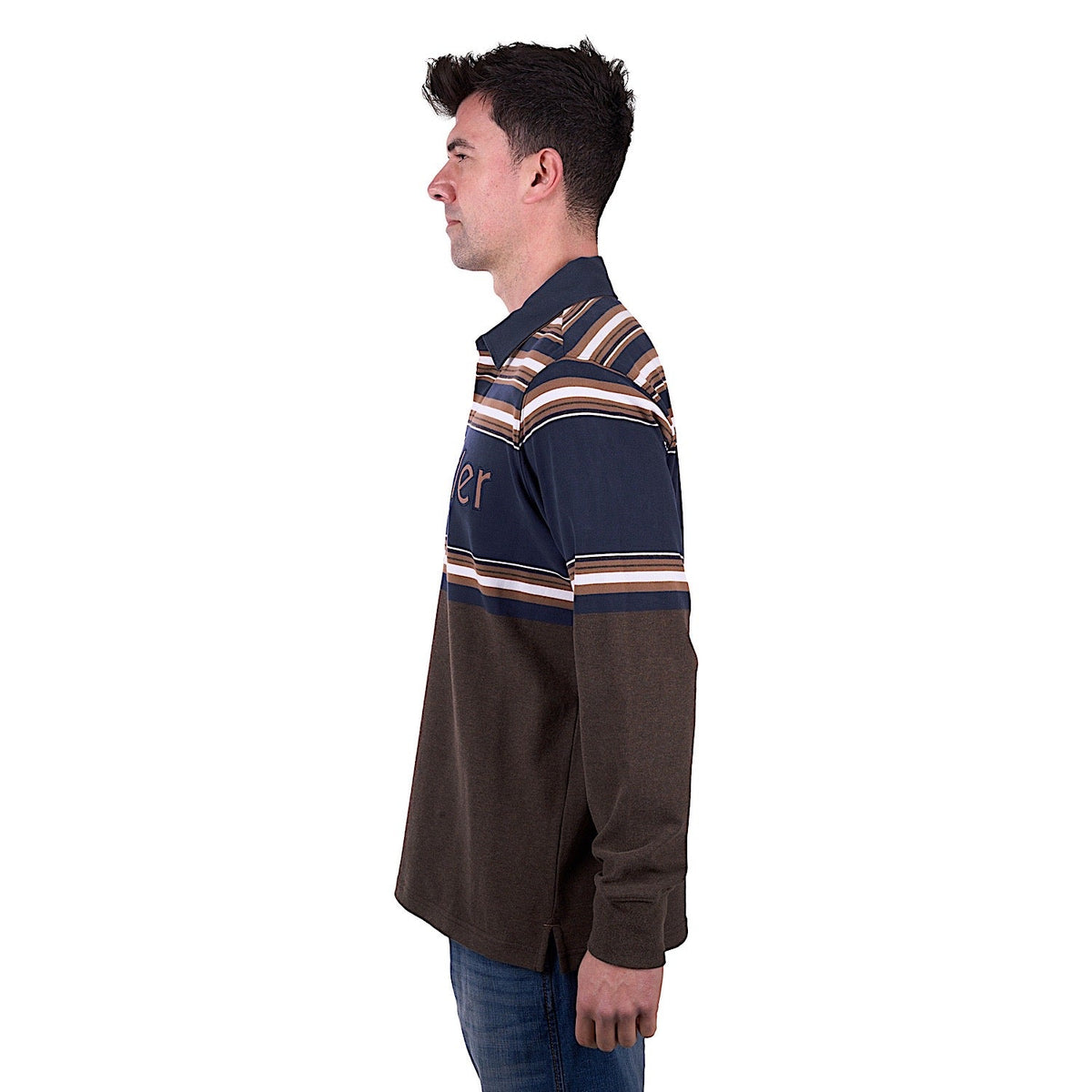 Wrangler Men’s Nico Stripe Rugby - Tan Marle/Navy