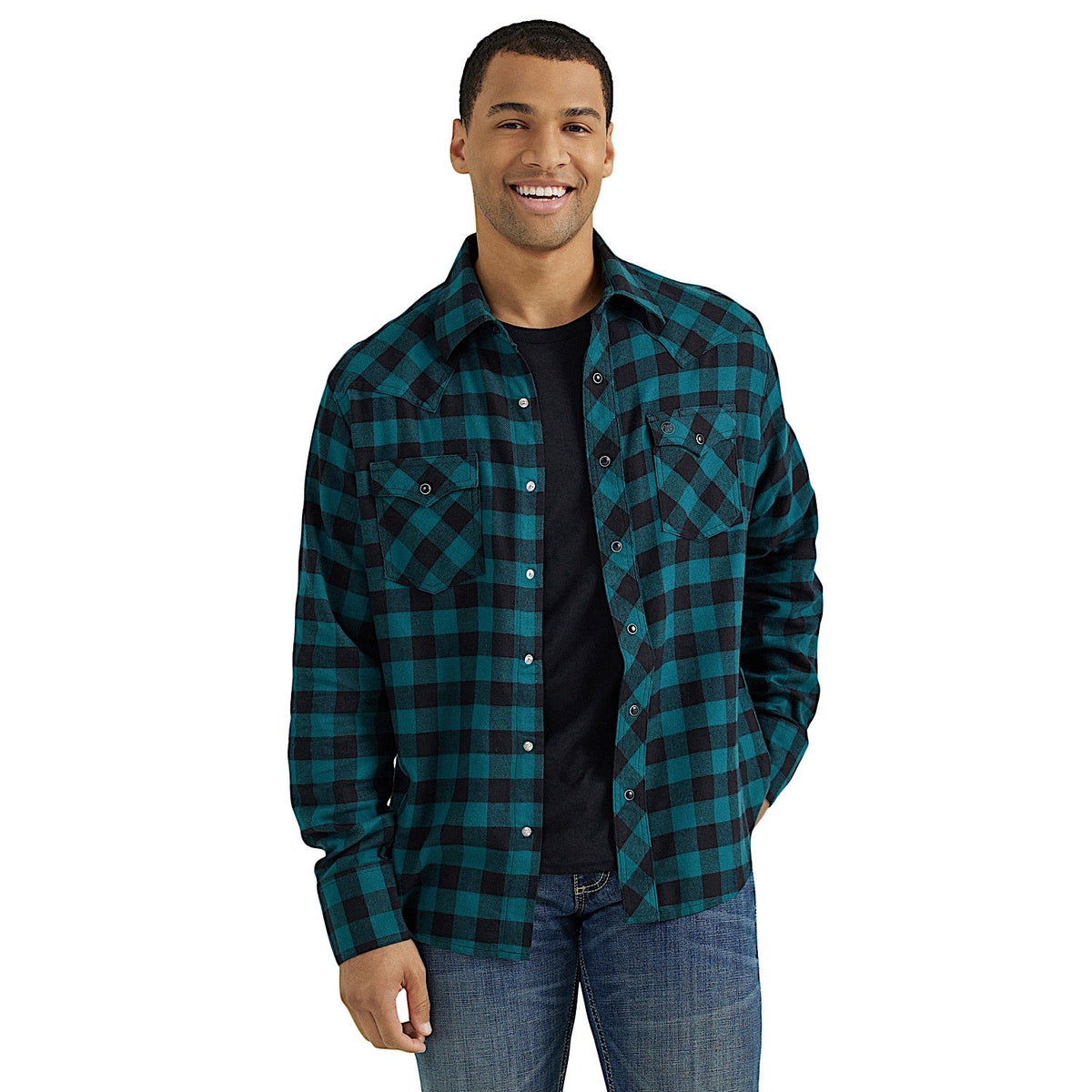 Wrangler Men’s Retro Flannel Western Snap Plaid Shirt - Turquoise Buffalo
