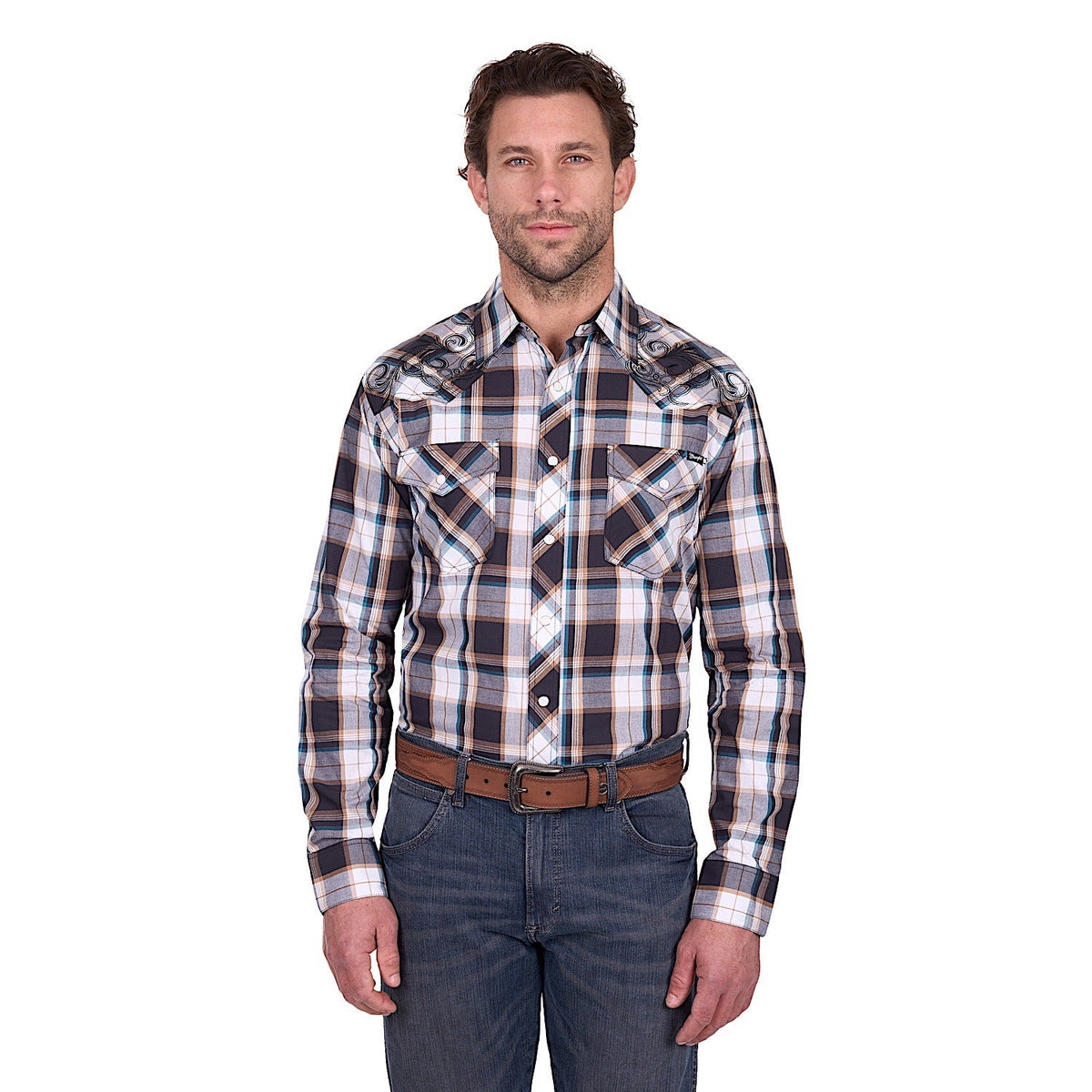 Wrangler Men’s Ricky Embroidered Shirt - Black/Tan