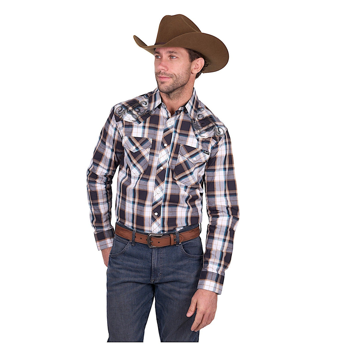 Wrangler Men’s Ricky Embroidered Shirt - Black/Tan