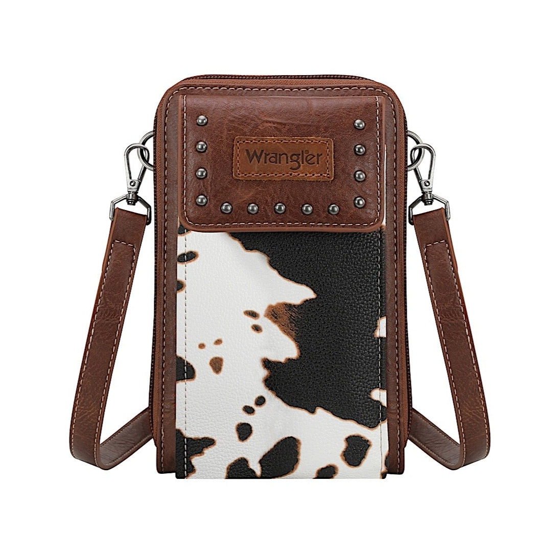 Wrangler Women’s Cow Print Phone Wallet Bag - Dark Tan