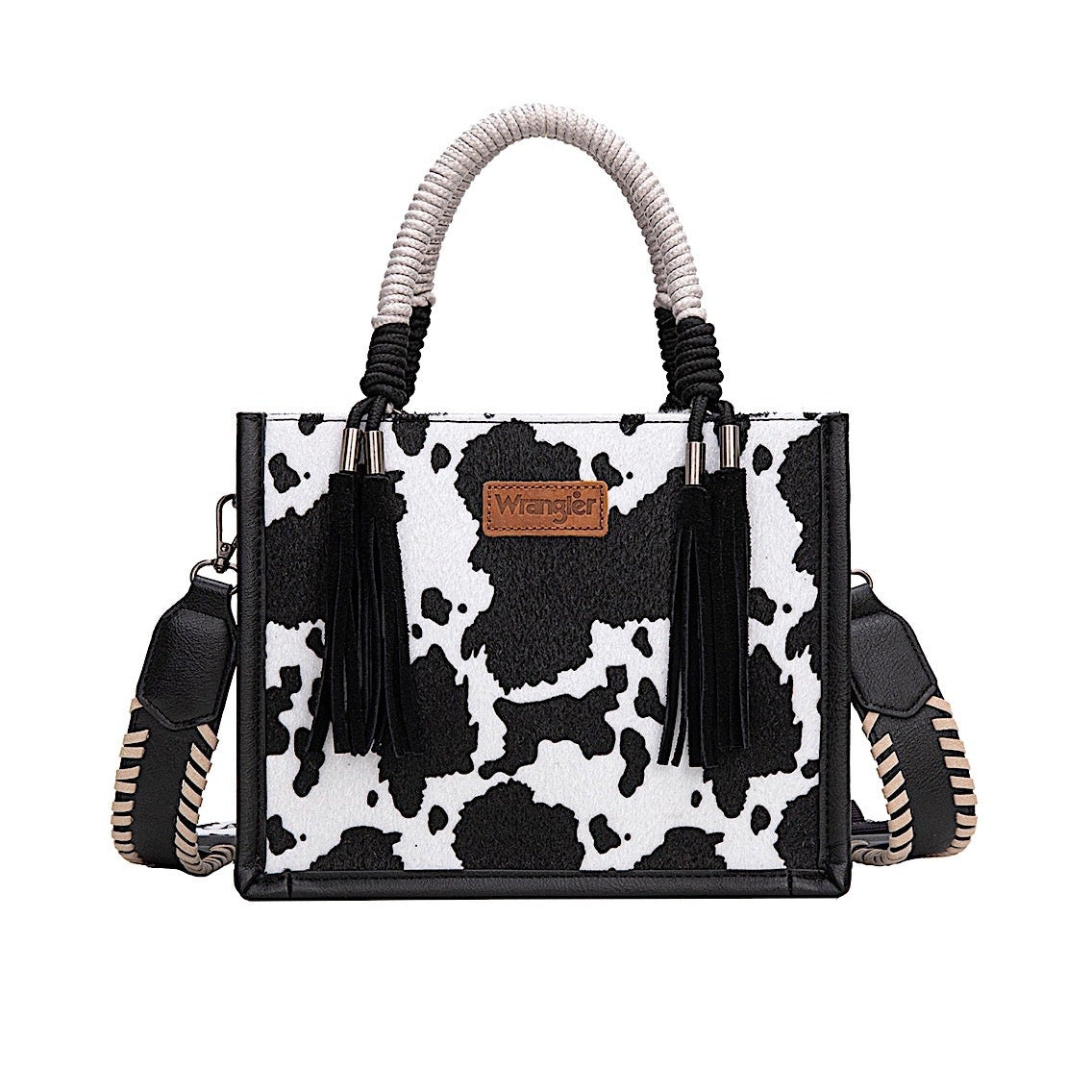 Wrangler Women’s Cow Print Tassel Crossbody Bag - Black