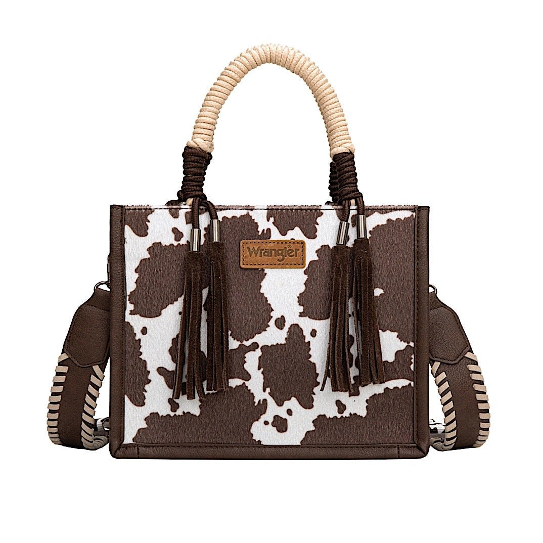 Wrangler Women’s Cow Print Tassel Crossbody Bag - Chocolate