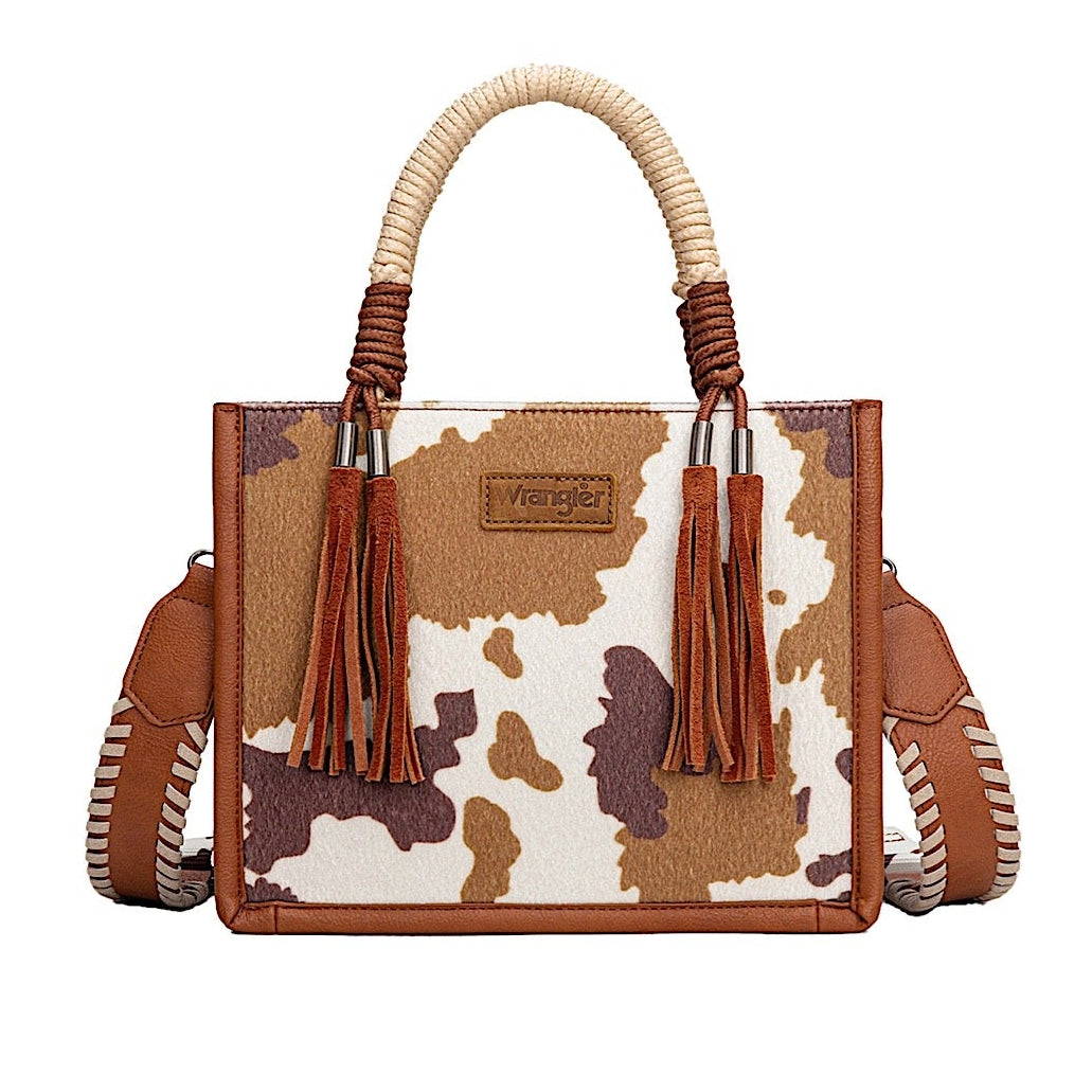 Wrangler Women’s Cow Print Tassel Crossbody Bag - Tan