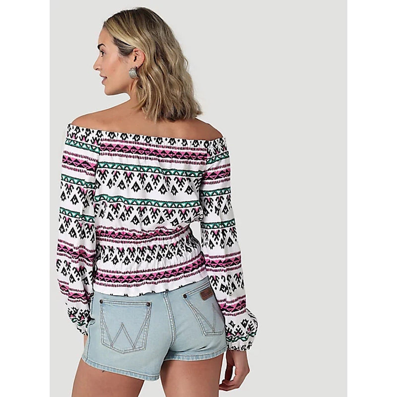 Wrangler Womens off the Shoulder Smocked Top in White Geo