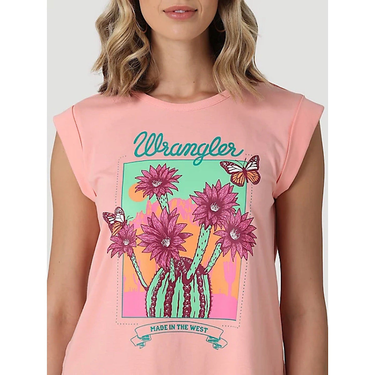 Wrangler Womens Retro Flowering Cactus Cuffed Tank in Peach