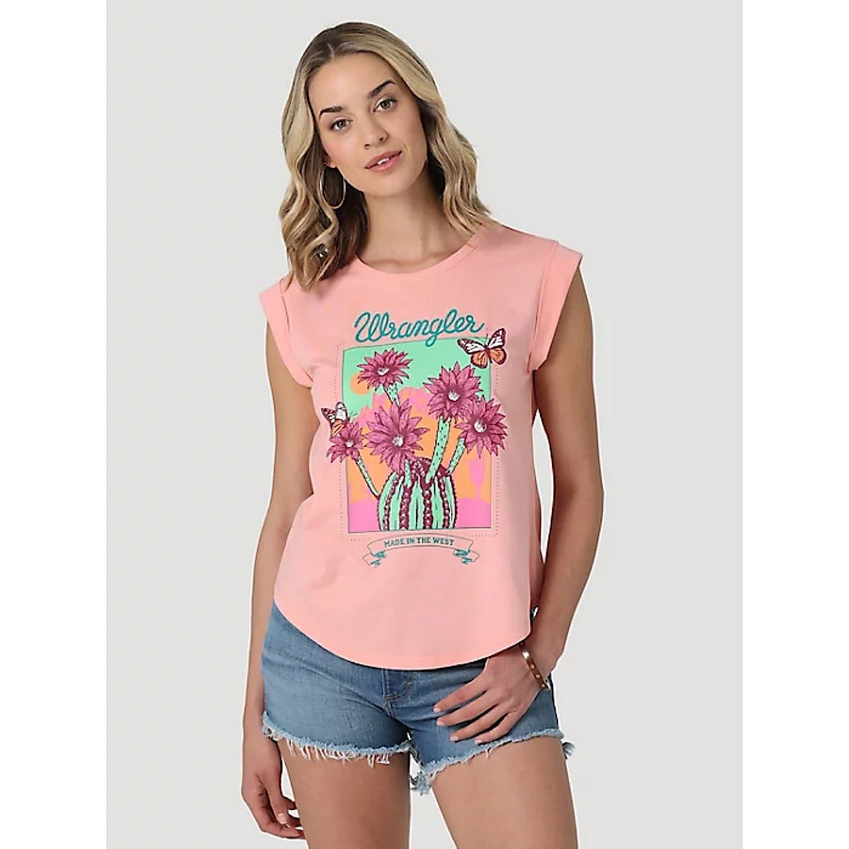 Wrangler Womens Retro Flowering Cactus Cuffed Tank in Peach