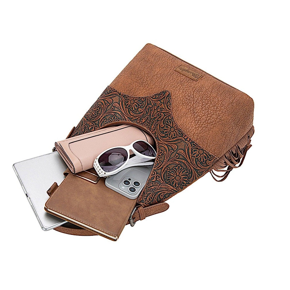 Wrangler Women’s Tooled Fringe Shoulder Bag - Tan