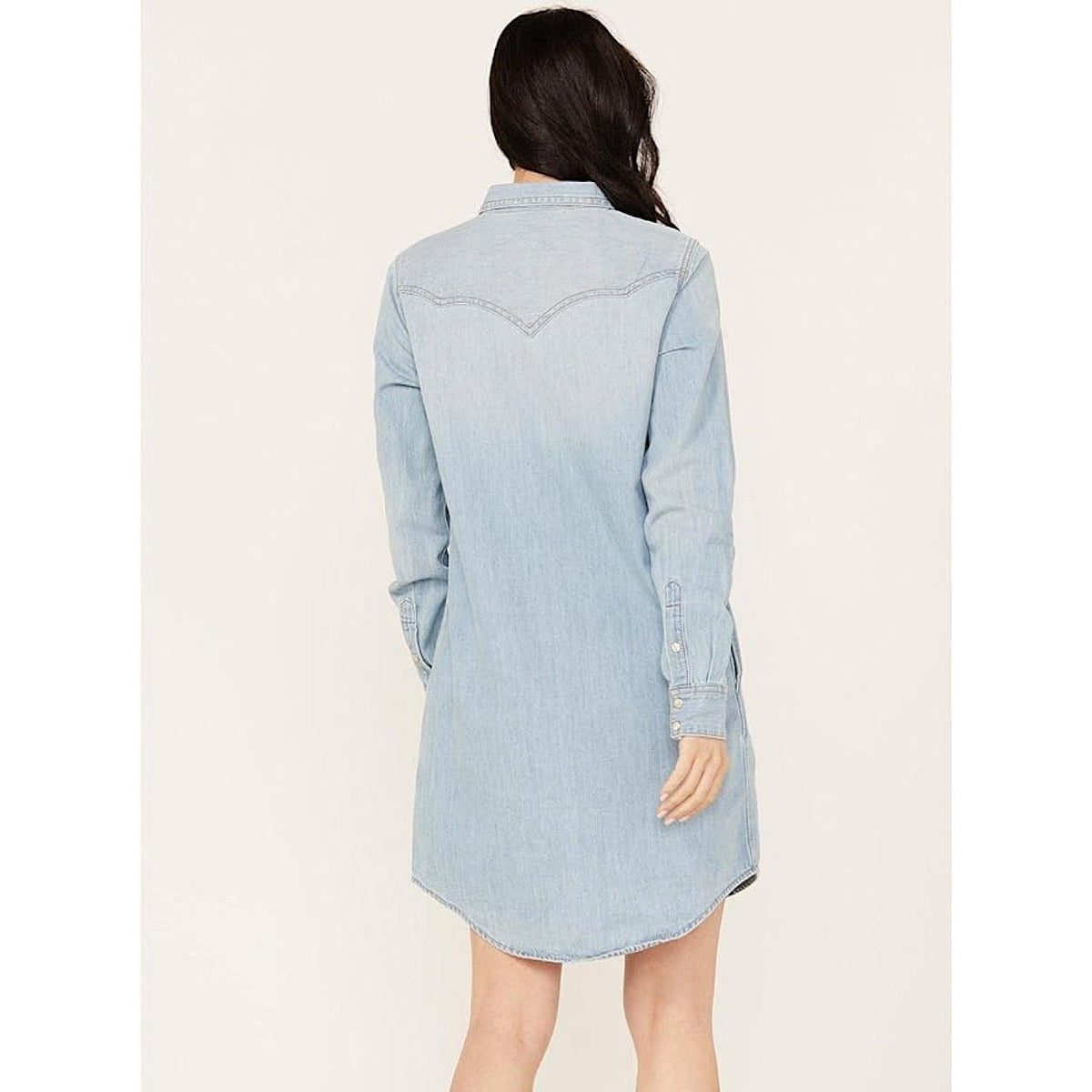 Wrangler Womens Western Snap Front Denim Shirt Dress in Light Blue Denim