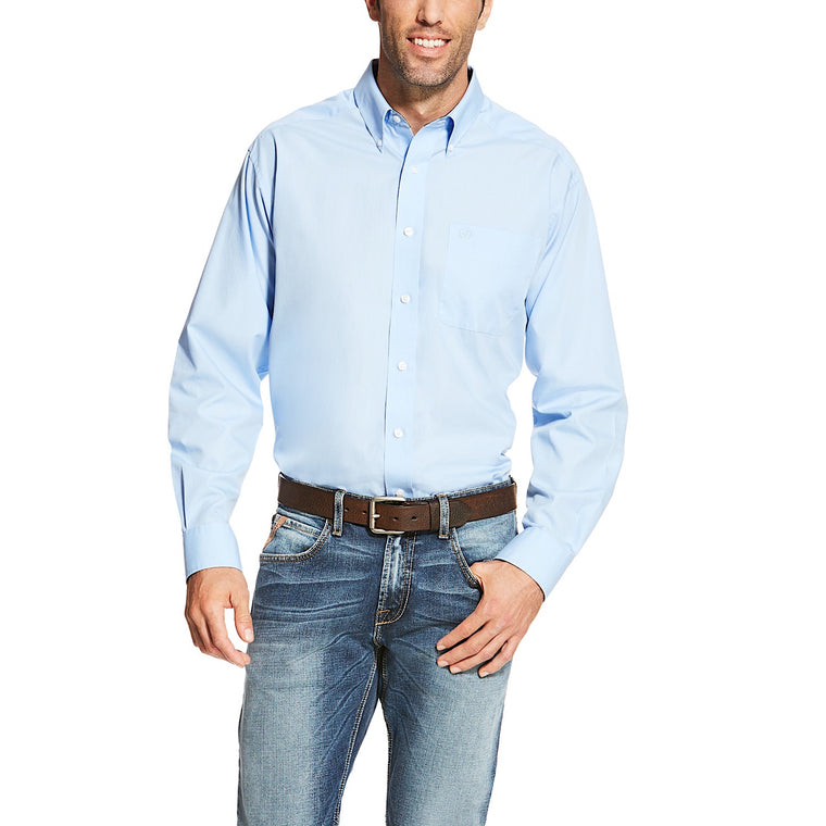 Ariat Mens Wrinkle Free Solid Classic Fit Shirt Light Blue