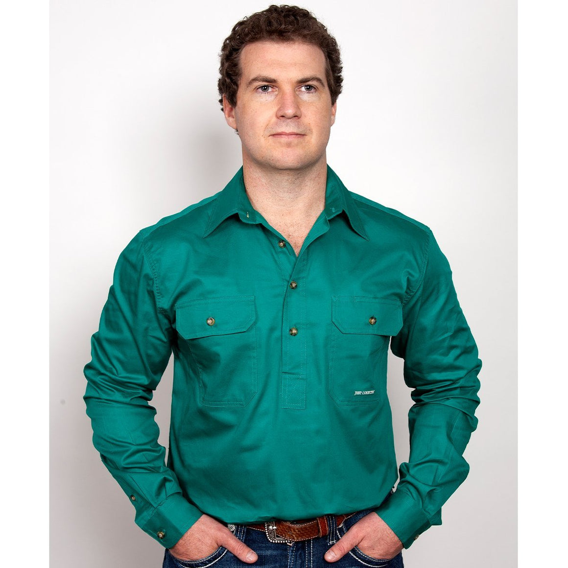 Just Country Mens Cameron 1/2 Button Work Shirt Dark Green