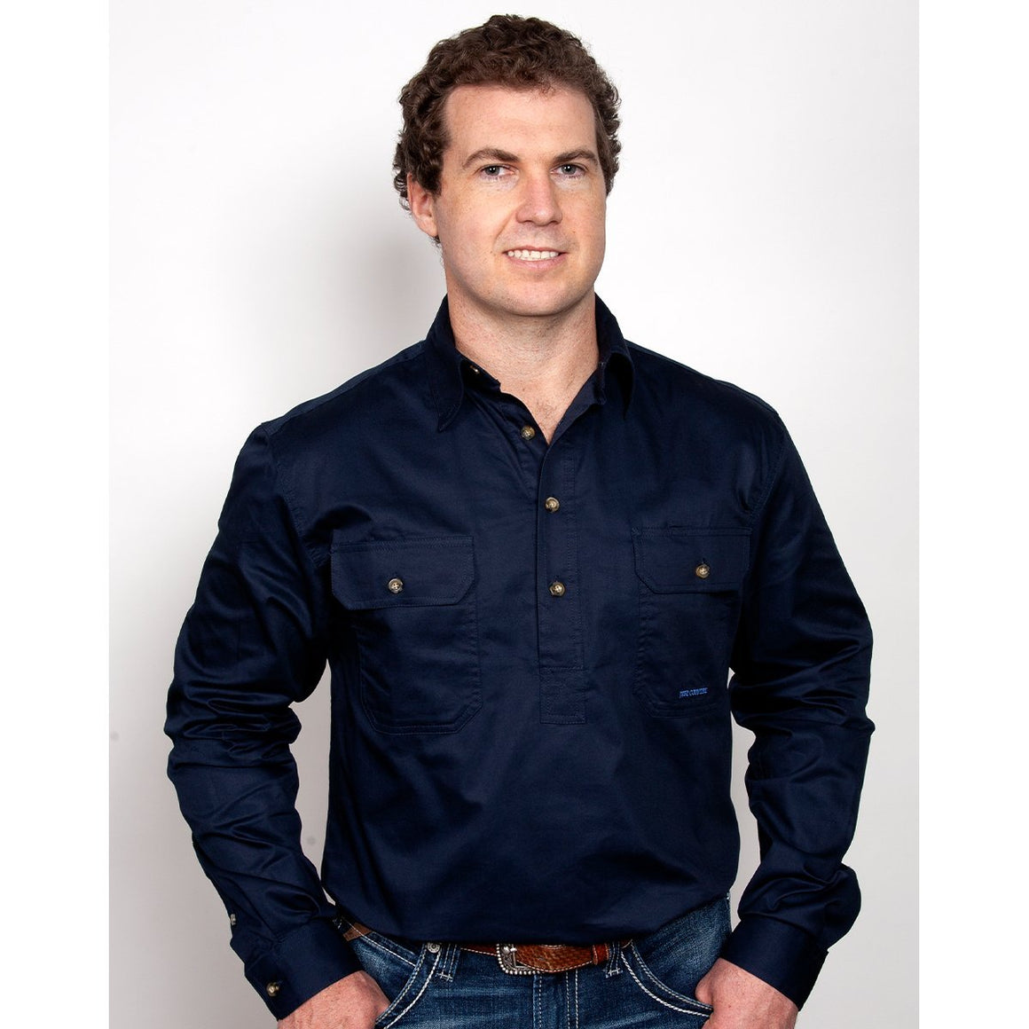 Just Country Mens Cameron 1/2 Button Work Shirt Navy
