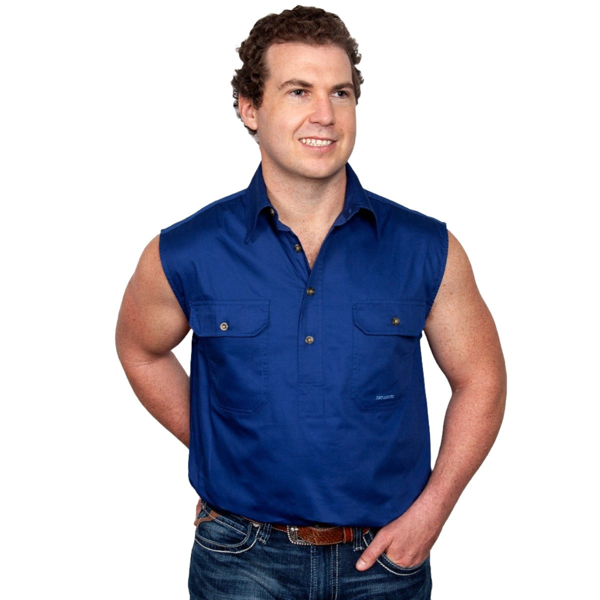 Just Country Mens Jack 1/2 Button Sleeveless Work Shirt Cobalt