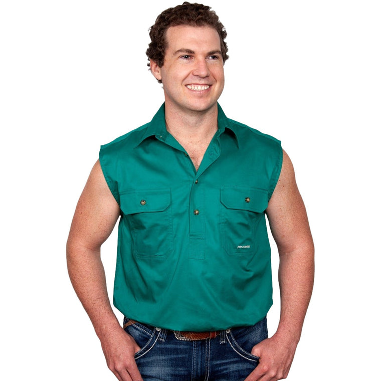 Just Country Mens Jack 1/2 Button Sleeveless Work Shirt Dark Green