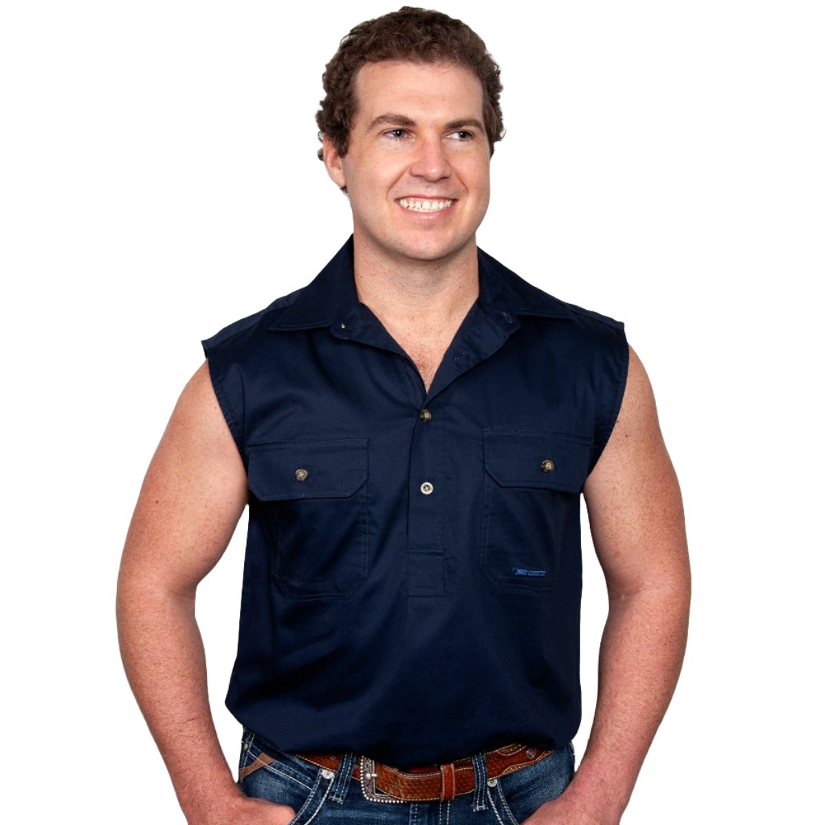 Just Country Men's Jack 1/2 Button Sleeveless Work Shirt Navy