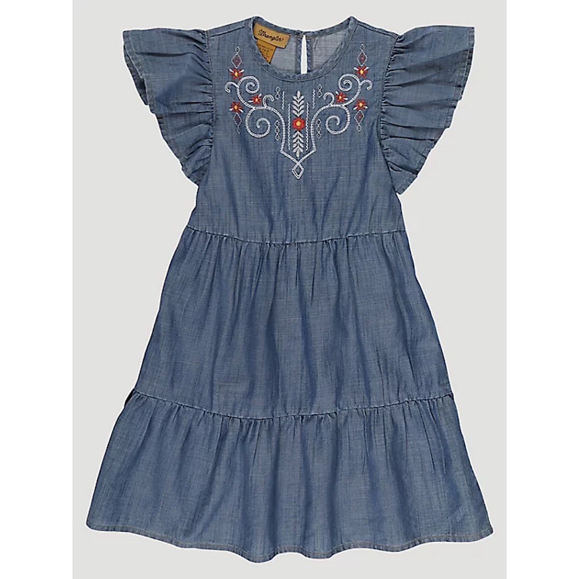 Wrangler Girls Ruffle Sleeve Embroidered Denim Dress in Blue Denim