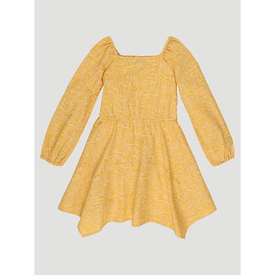 Wrangler Girls Square Neck Boot Print Peasant Dress in Yellow Sunshine