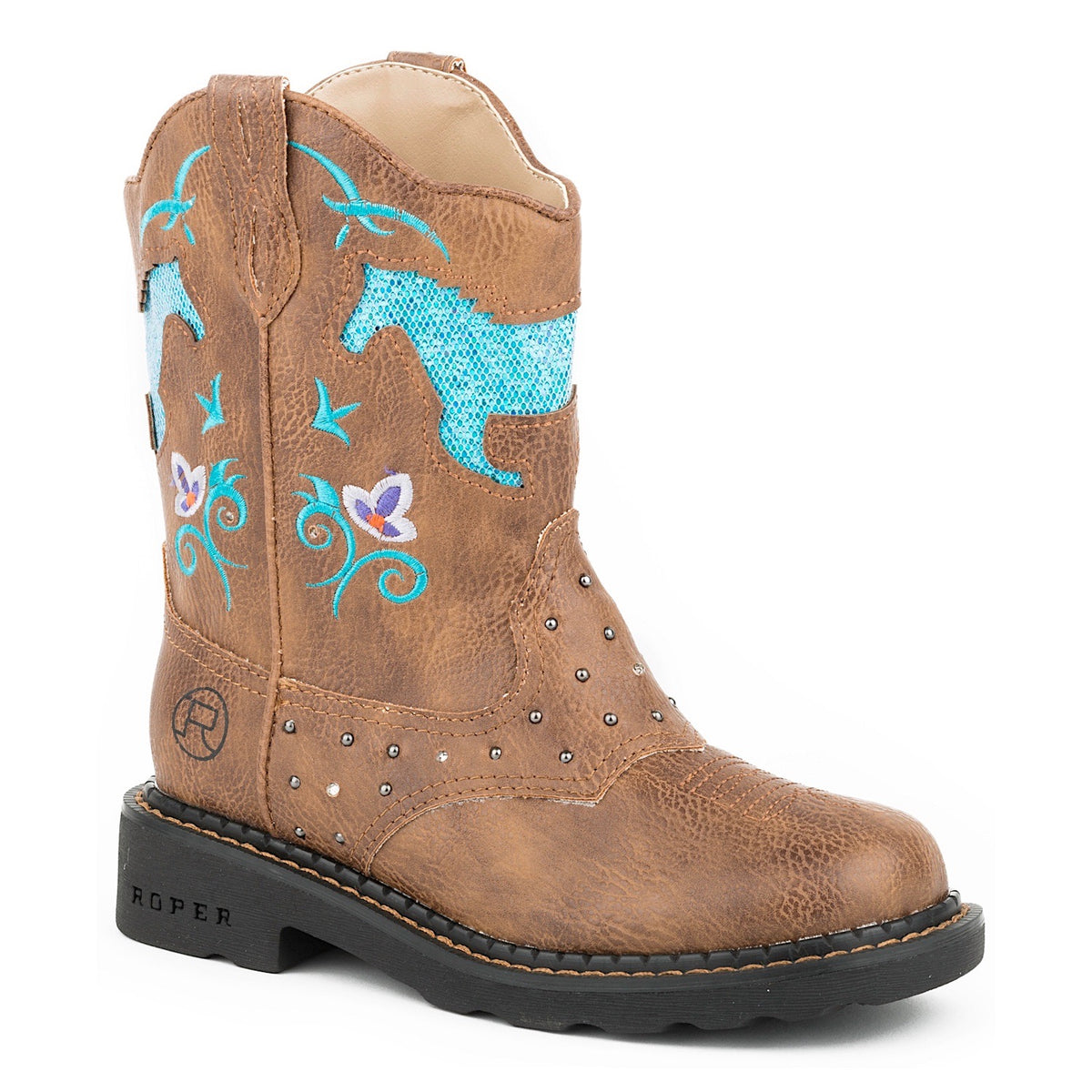 Roper Little Girls Horse Flower Light Up Western Boots Tan