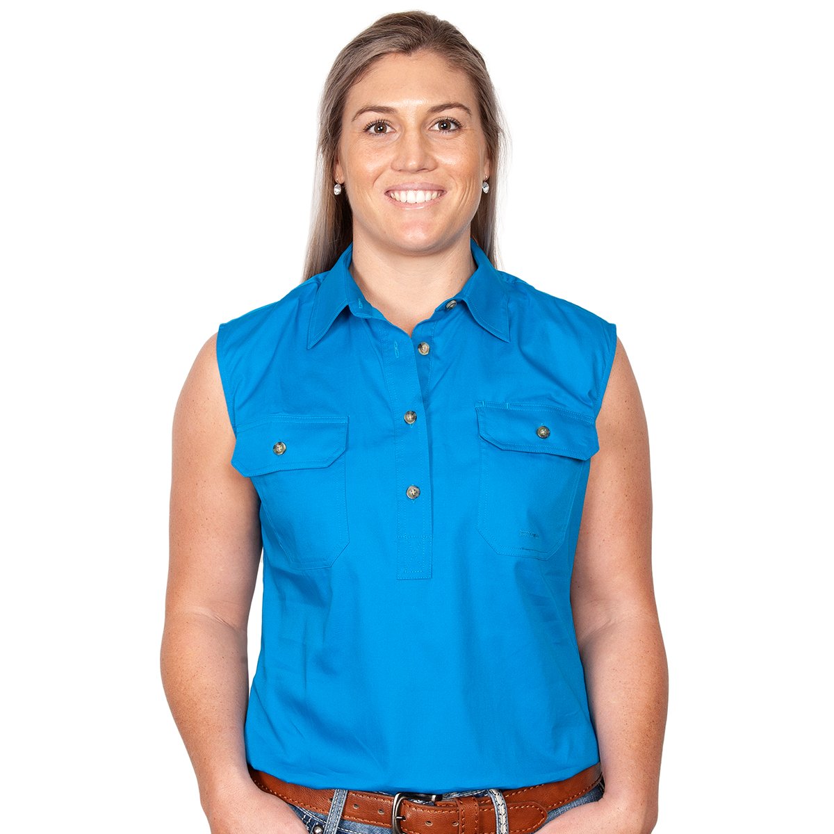 Just Country Womens Kerry Sleeveless Half Button Work Shirt Blue Jewel