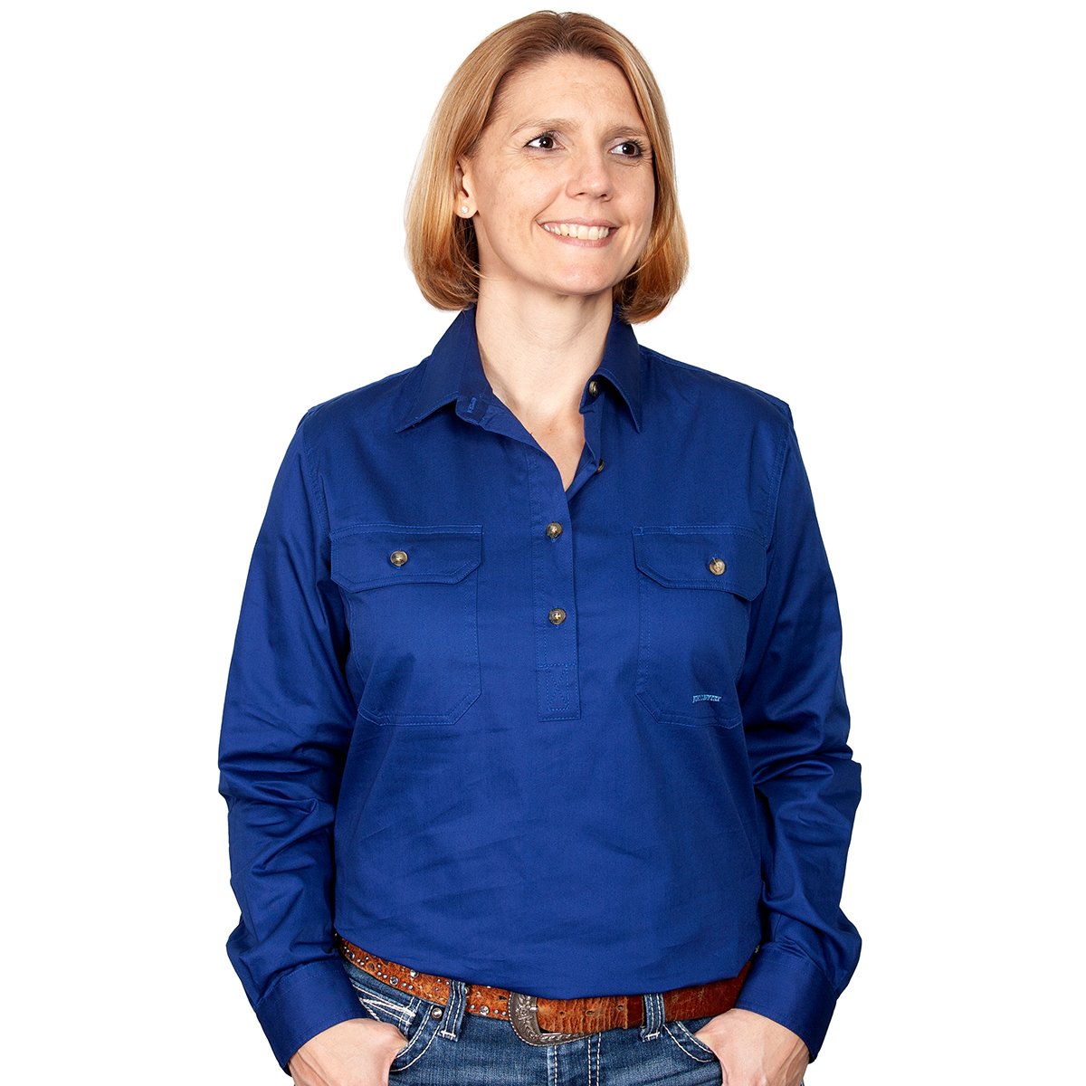 Just Country Womens Jahna Half Button Work Shirt Cobalt