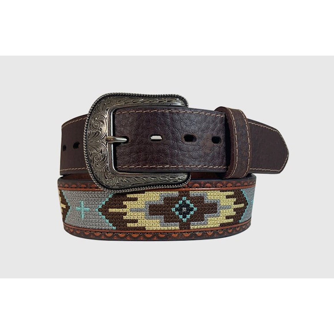 Roper Mens Belt 1.5" Aztec Design Genuine Leather Brown