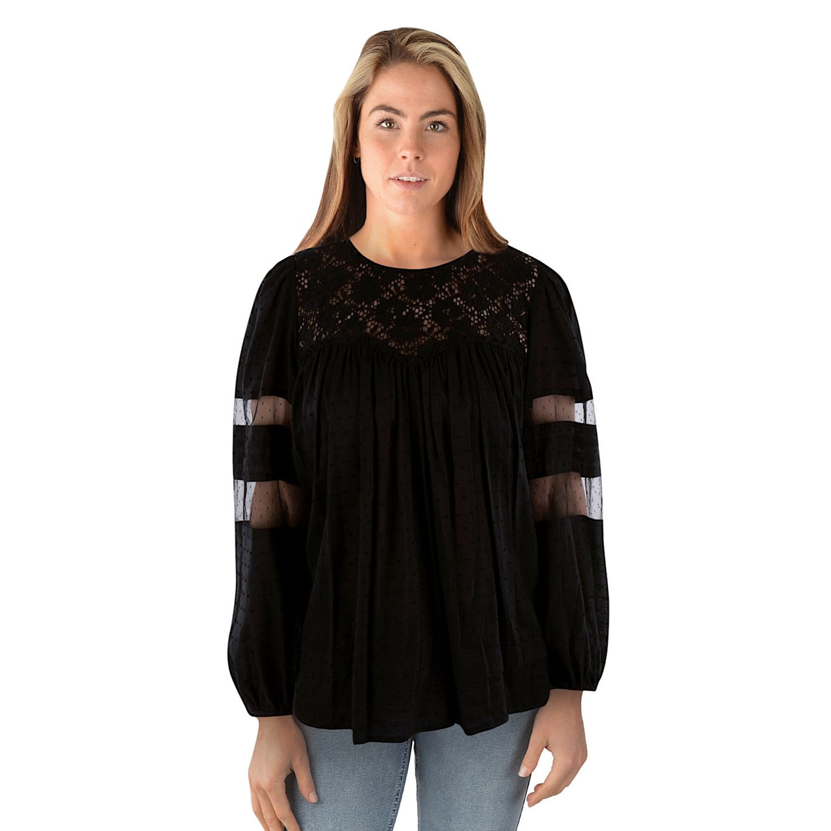 Pure Western Women's Faye Lace Trim Blouse-Black
