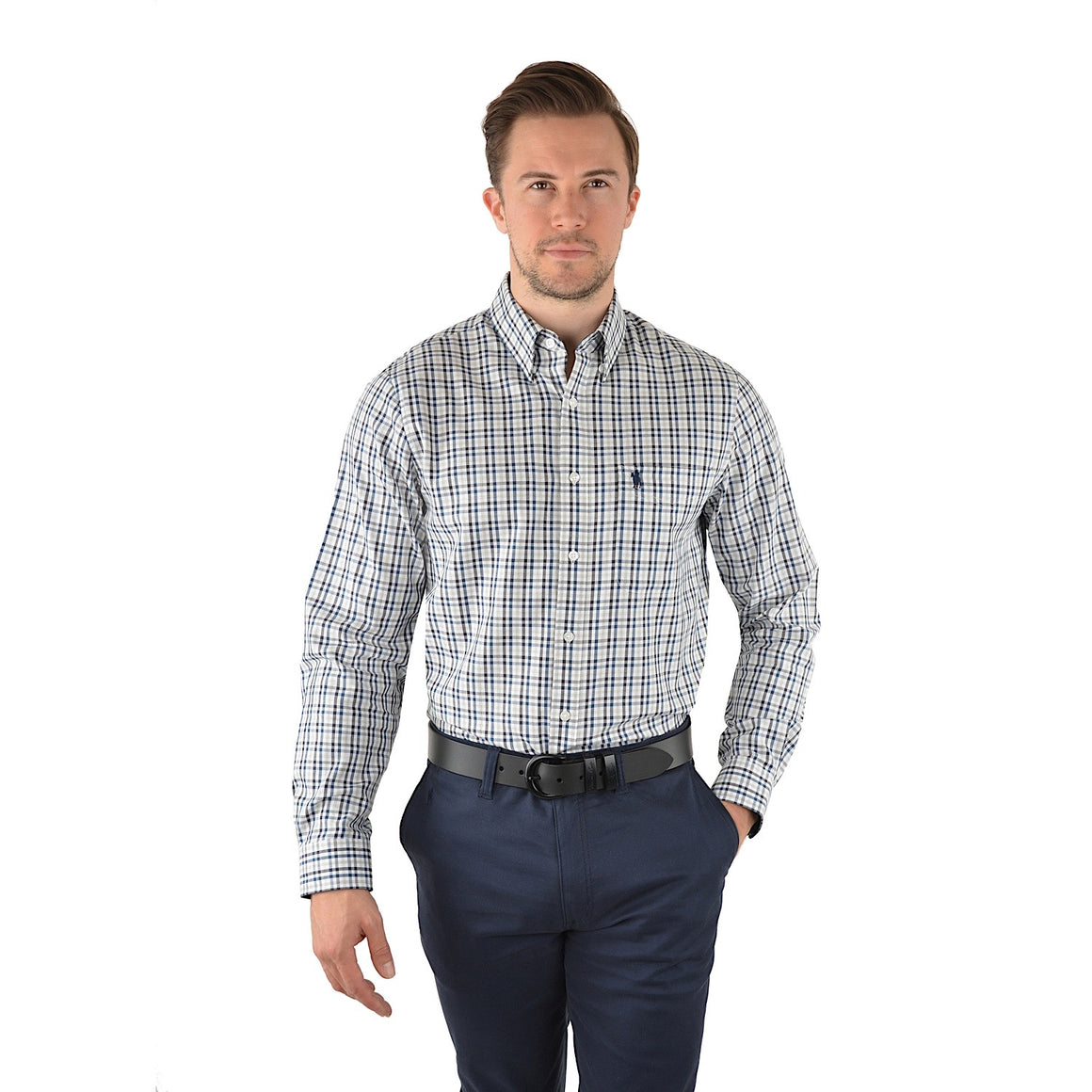Thomas Cook Mens Vic Check 1-Pocket Long Sleeve Shirt Navy/Grey Marle