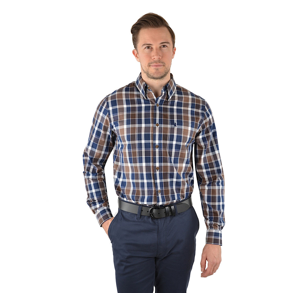 Thomas Cook Mens Roycroft Check 1-Pocket Long Sleeve Shirt Navy/Brown