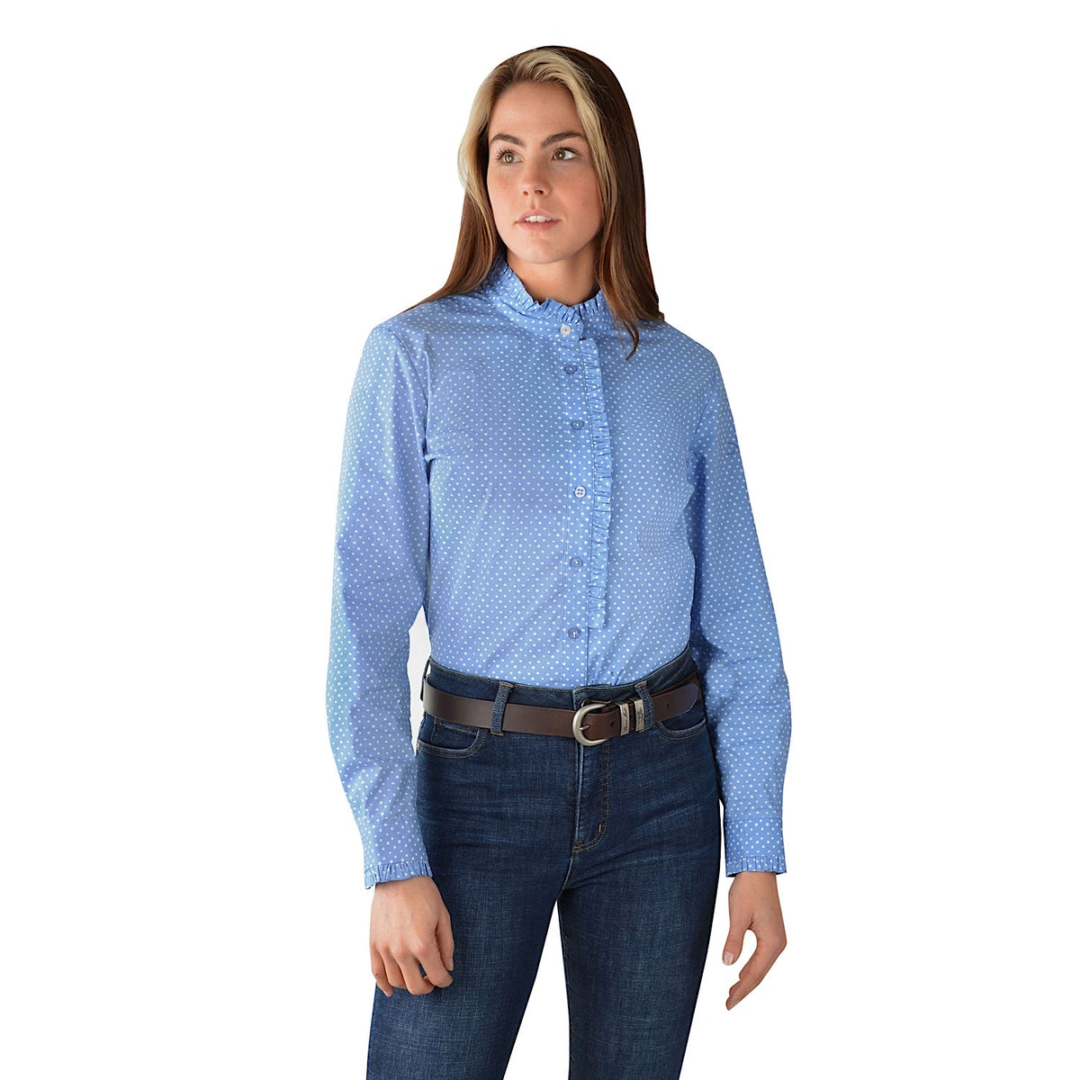 Thomas Cook Womens Liv Ruffle Collar L/S Stretch Shirt Powder Blue