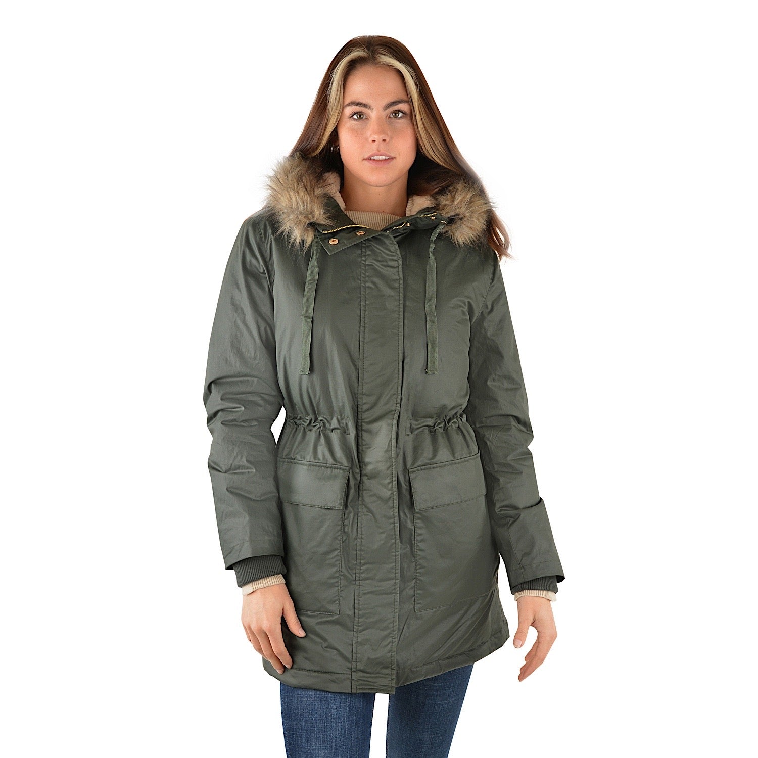 Green jacket with on sale fur hood womens