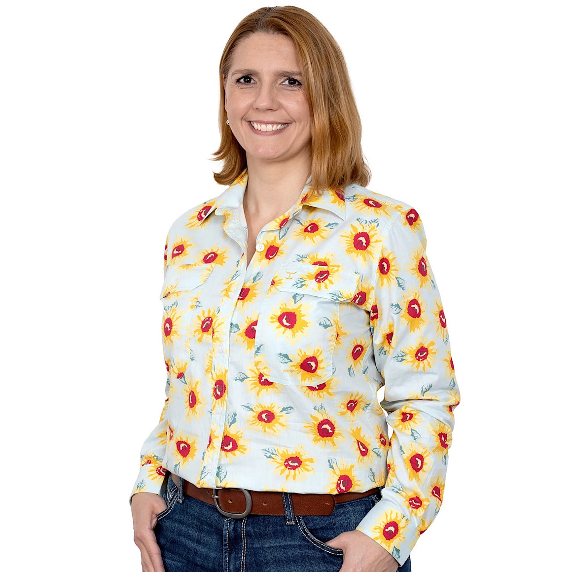 Just Country Womens Abbey Full Button Print Work Shirt Ice Blue Sunflowers