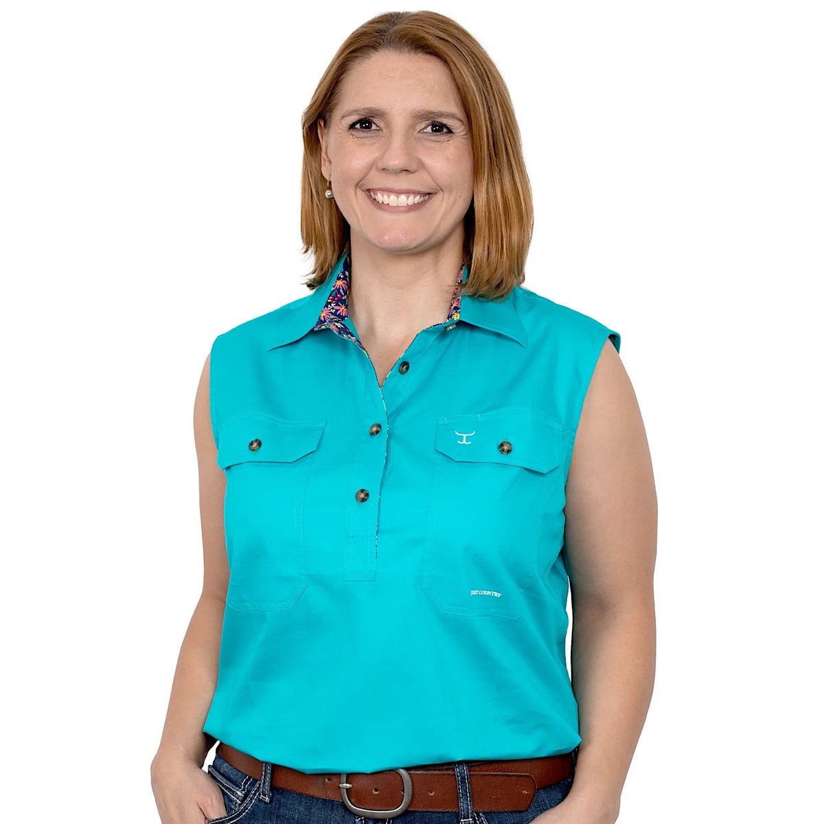 Just Country Women's Kerry Half Button Sleeveless Work Shirt Turquoise