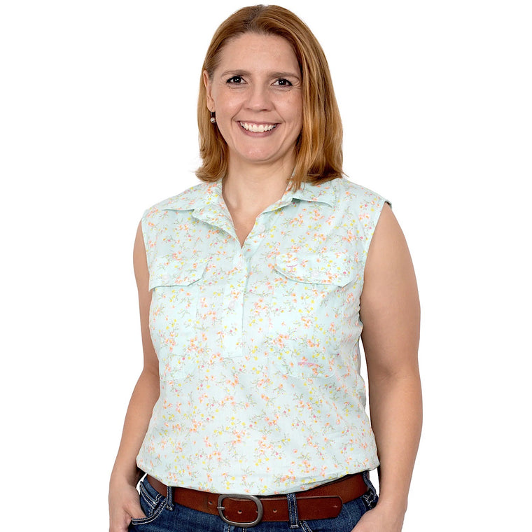 Just Country Womens Lilly Half Button Sleeveless Print Work Shirt Spearmint Wax Flowers