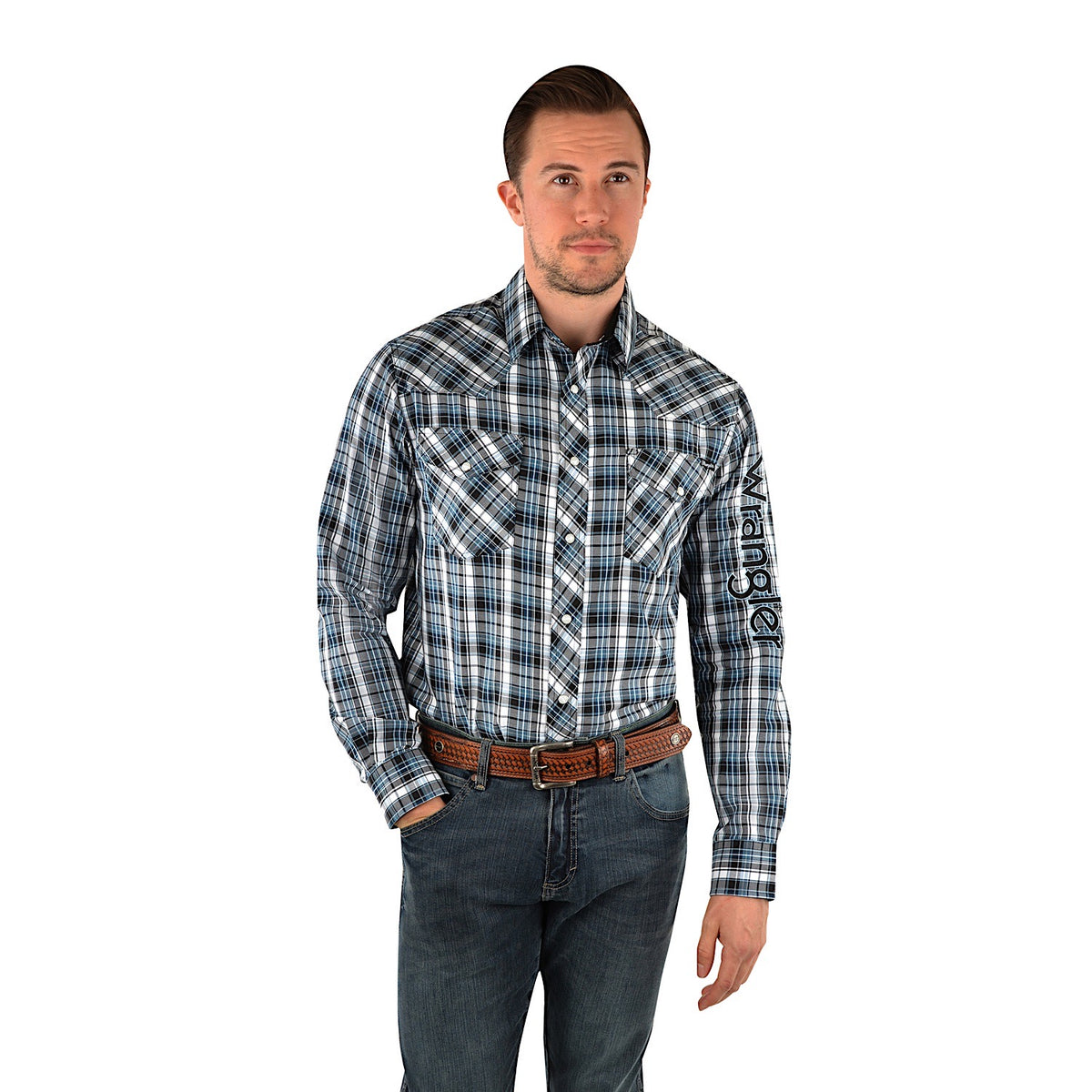 Wrangler Mens Gould Check Logo Western L/S Shirt Black/Teal