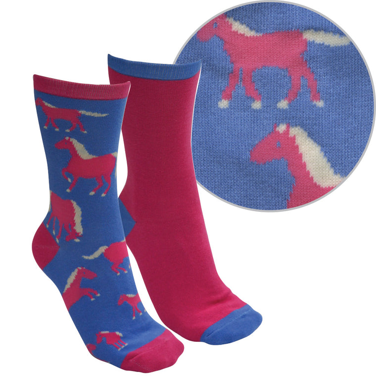 Thomas Cook Farmyard Socks Twin Pack Blue/Bright Pink ( Horse )