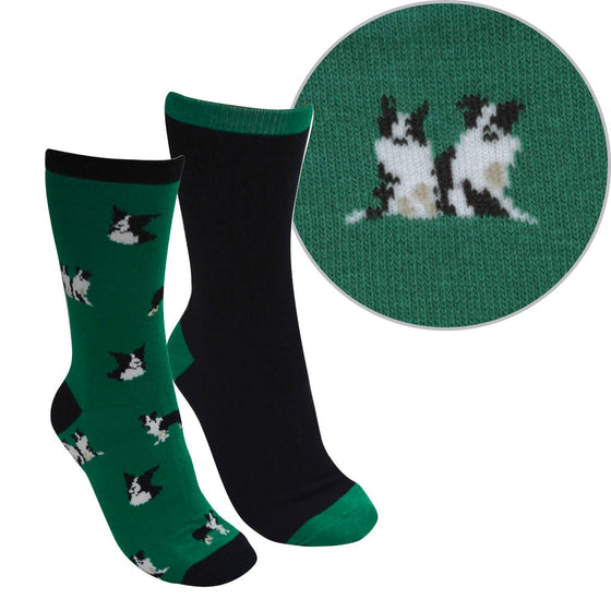 Thomas Cook Farmyard Socks Twin Pack Green/Black ( Border Collie )