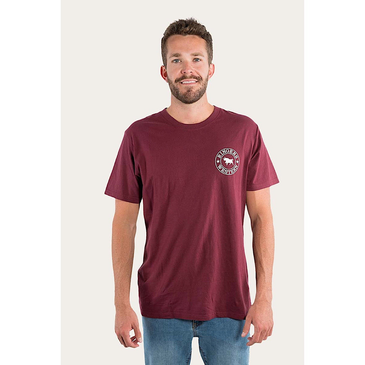Ringers Western Signature Bull Men's Loose T-Shirt - Burgundy with White Print
