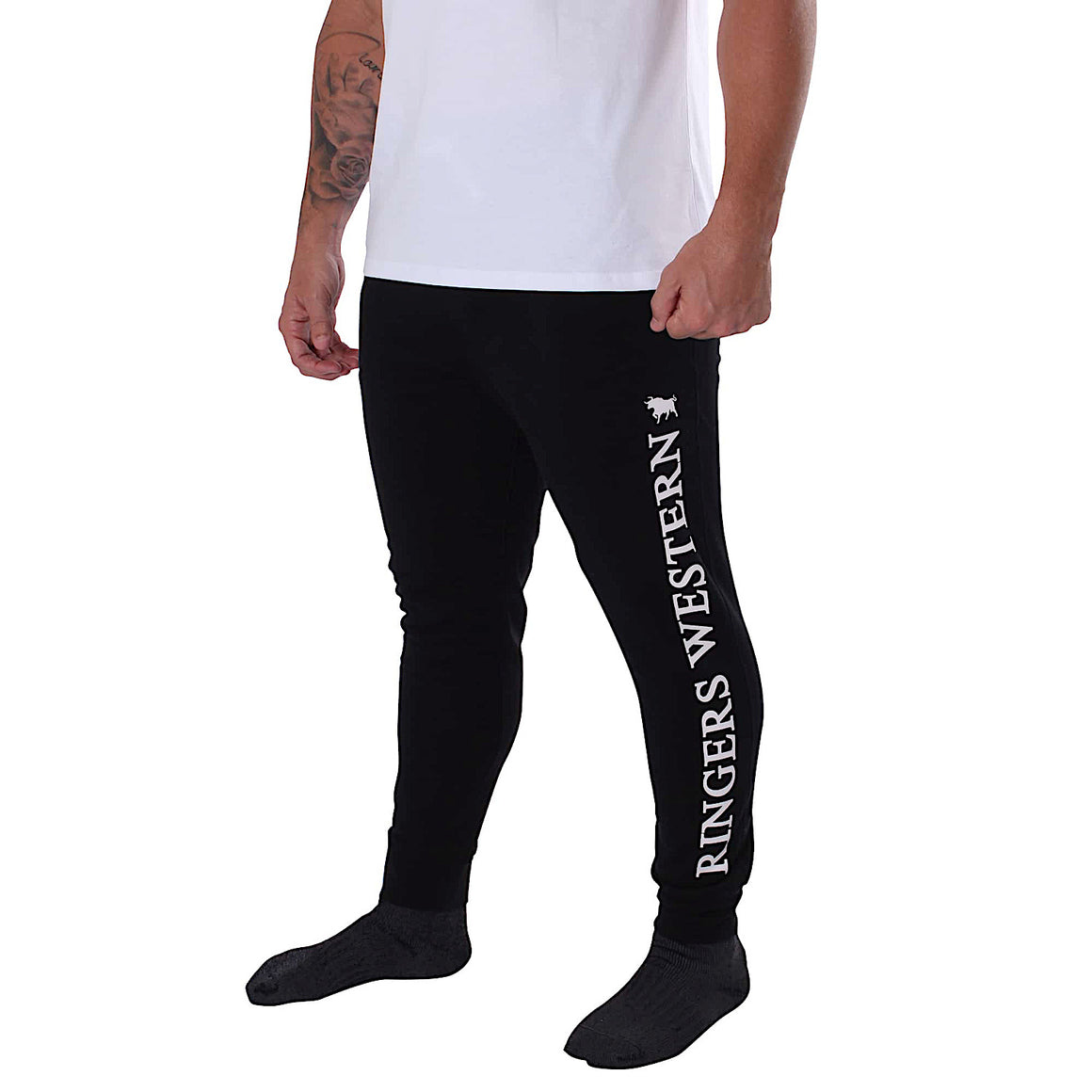 Ringers Western Texas Men's Trackpants - Black with White Print
